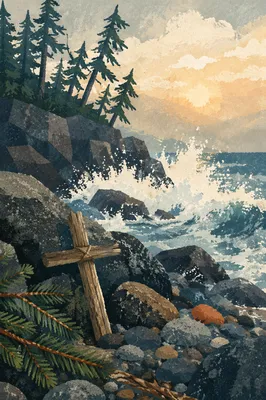 Driftwood Cross at Sunrise Rocky Shore