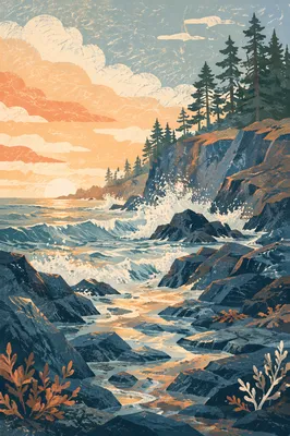 Sunrise Waves Crashing Beneath Evergreen Bluffs