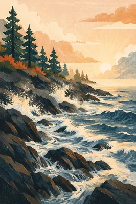 Evergreen Coast Sunrise With Crashing Waves