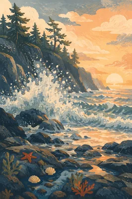 Sunrise Waves on Evergreen Rocky Coast