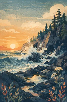Sunrise Waves on Rocky Evergreen Coast