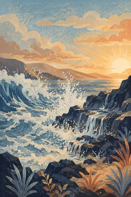 Sunrise Waves Crashing on Volcanic Rocks