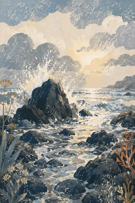 Sunrise Waves Crashing on Volcanic Rocks