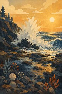 Sunrise Waves Crashing on Volcanic Rocks