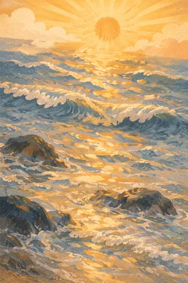 Sunrise Ocean Waves Over Rocky Shore