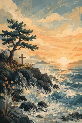 Evergreen Cross Above Sunrise Ocean Waves