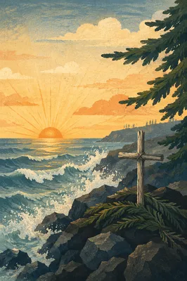 Driftwood Cross at Evergreen Coastal Sunrise