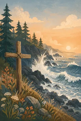 Driftwood Cross at Stormy Coastal Sunrise
