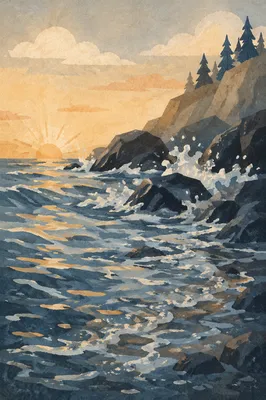 Sunrise Waves on Evergreen Rocky Shore
