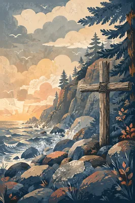 Driftwood Cross at Stormy Coastal Sunrise