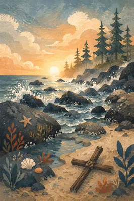Driftwood Cross by Stormy Sunrise Shore