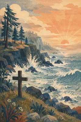Sunrise Waves and Cross by Evergreen Cliffs