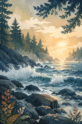 Evergreen Coastal Sunrise Over Crashing Waves