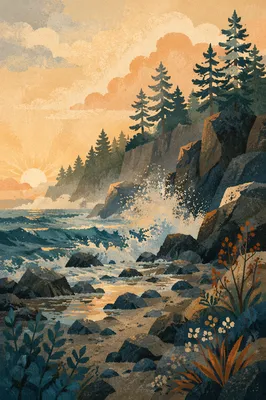 Evergreen Cliffs at Ocean Sunrise