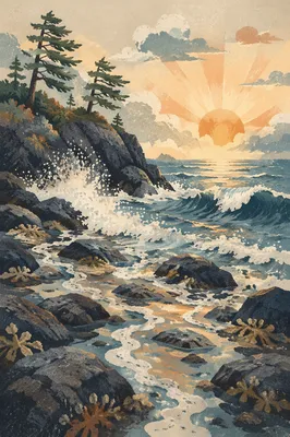Evergreen Cliffs at Ocean Sunrise