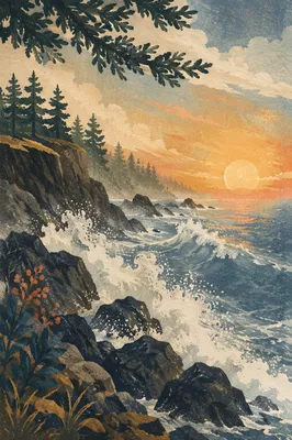 Evergreen Coastal Sunrise with Crashing Waves