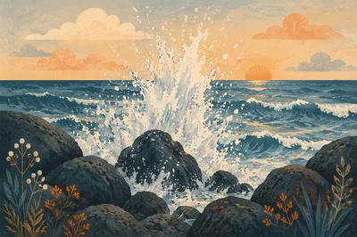 Sunrise Waves Crashing on Volcanic Rocks