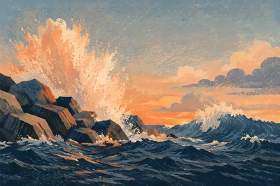 Sunrise Ocean Waves Crashing on Coastal Rocks