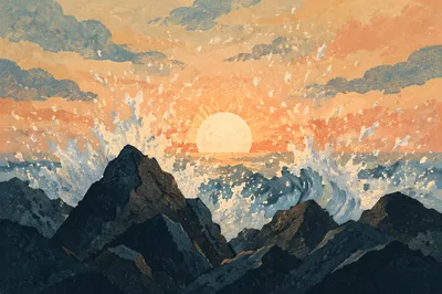 Sunrise Waves Crashing on Coastal Rocks