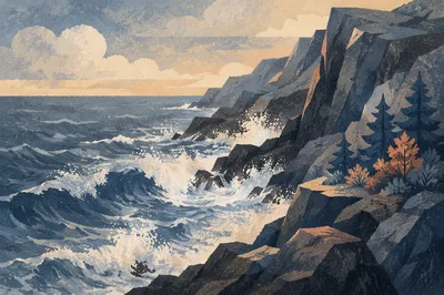 Sunrise Waves Crashing on Evergreen Cliffs
