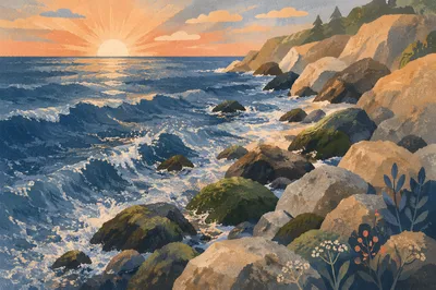 Evergreen Algae Sunrise Over Rocky Shoreline