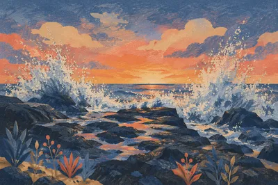Sunrise Waves Crashing Over Coastal Rocks