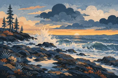 Sunrise Waves Crashing on Rocky Shore