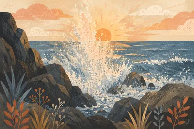 Sunrise Waves Crashing on Rugged Rocks