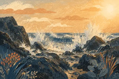 Sunrise Waves Crashing on Volcanic Rocks