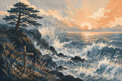 Evergreen Cross Above Sunrise Ocean Waves