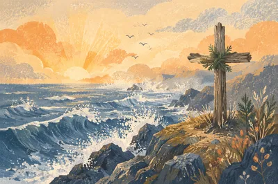 Driftwood Cross by Sunrise Ocean Waves