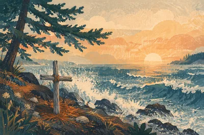 Driftwood Cross by Sunrise Ocean Waves