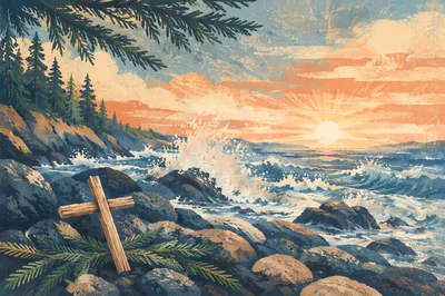 Driftwood Cross at Evergreen Coastal Sunrise