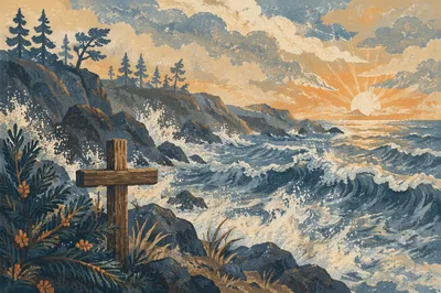 Evergreen Cross by Sunrise Ocean Waves