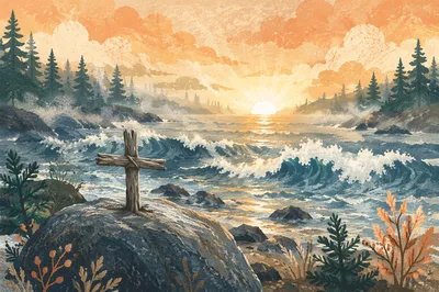 Driftwood Cross by Sunrise Ocean Waves