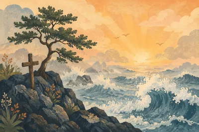 Evergreen Cross Beside Stormy Sunrise Waves