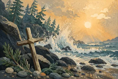 Driftwood Cross at Sunrise Rocky Shore