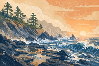 Sunrise Waves on Evergreen Rocky Coast