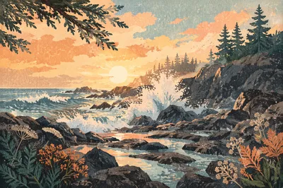 Evergreen Coast Sunrise Over Crashing Waves