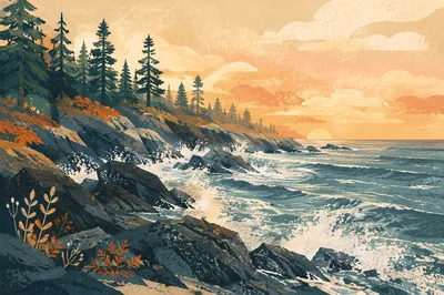 Sunrise Waves and Evergreens on Rocky Coast
