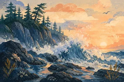 Evergreen Coastal Sunrise Over Crashing Waves