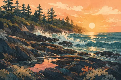 Sunrise Waves on Evergreen Rocky Coast