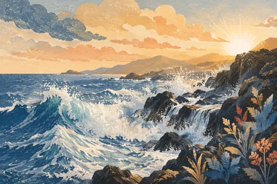 Sunrise Waves Over Volcanic Coastal Rocks