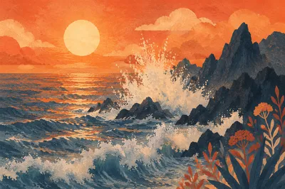 Sunrise Ocean Waves Against Volcanic Rocks