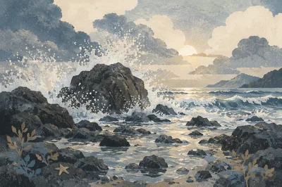 Sunrise Waves Crashing on Volcanic Rocks