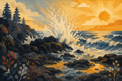 Sunrise Waves Crashing on Volcanic Rocks