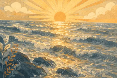 Golden Sunrise Waves Over Coastal Rocks