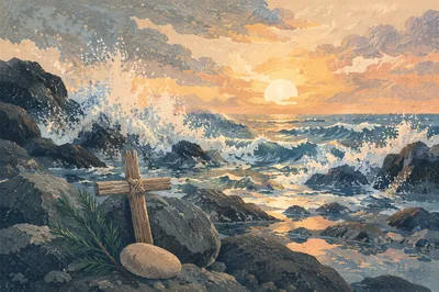Driftwood Cross by Sunrise Ocean Waves