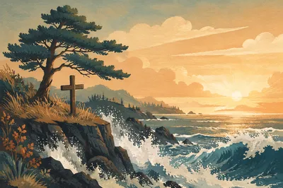 Sunrise Cross Beside Crashing Ocean Waves