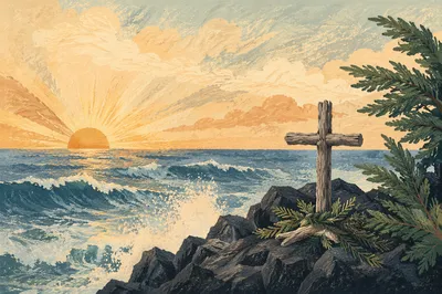 Driftwood Cross by Sunrise Ocean Waves